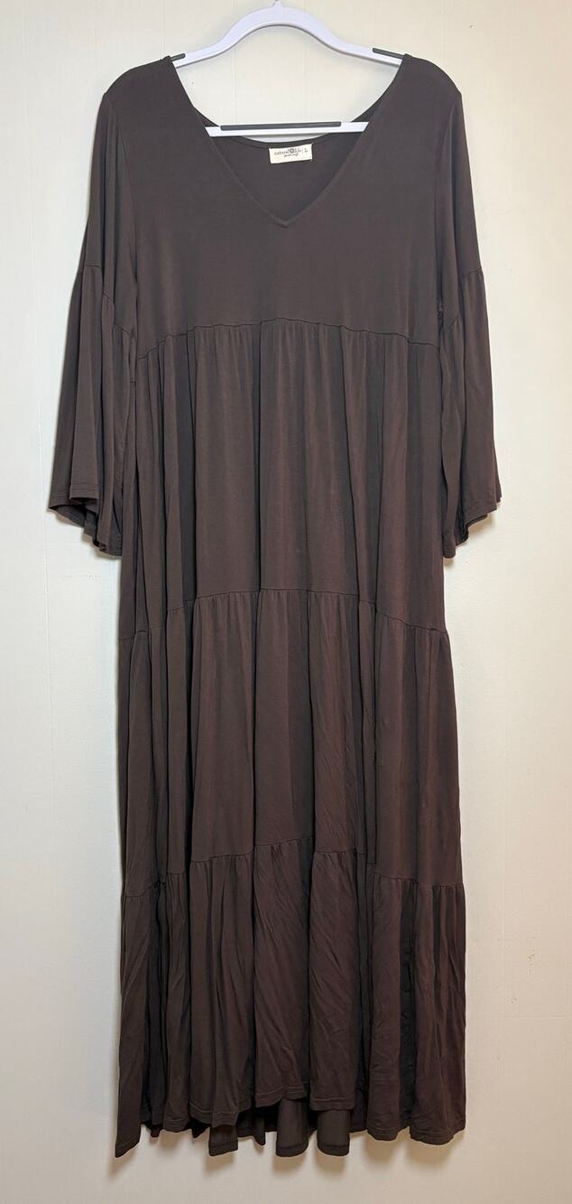 Natural Life Large Brown Bell Sleeve V-Neck Tiered Flowy Soft Long Maxi Dress
